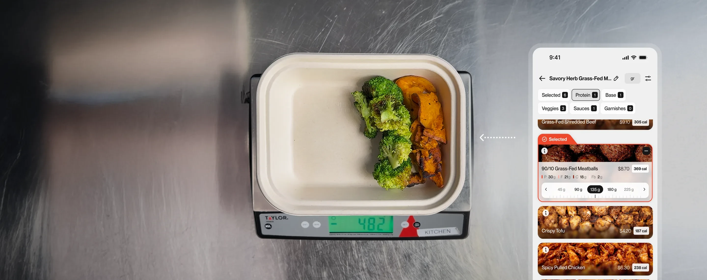 A customizable meal and portion selection in the app