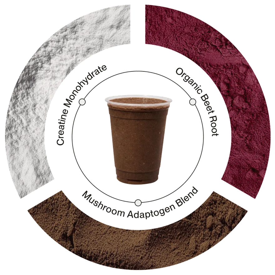 A smoothie surrounded by nutritious supplement powders