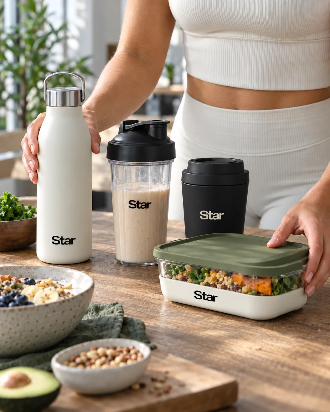 Hands arranging Star drinkware and a meal prep container on an oak table, with no face visible