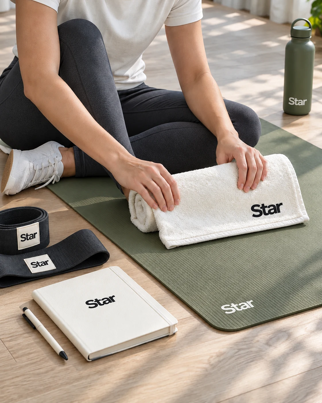 A model with no visible face using a Star towel beside a mat, resistance bands and wellness notebook