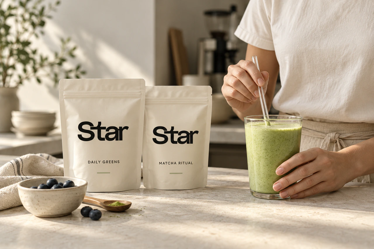 A person preparing a green smoothie beside Star superfood pouches, photographed below the shoulders